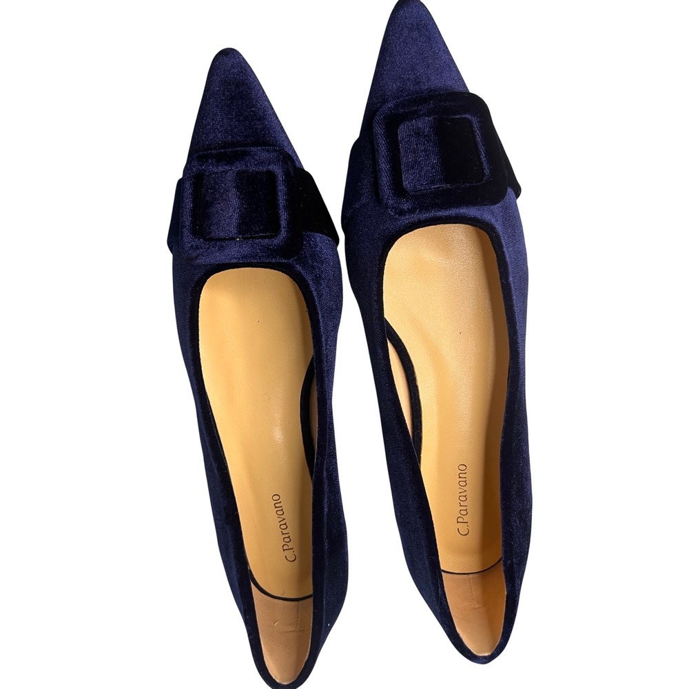 C.Paravano Navy Blue Velvet Pointed Toe Buckle Flats Size 42 Mens Womens
